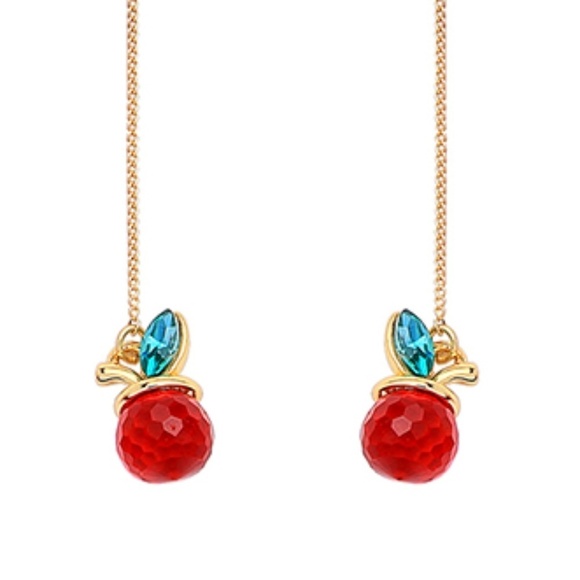 Goldtone Red Apple Threader Drop Earrings - Picture 2 of 2